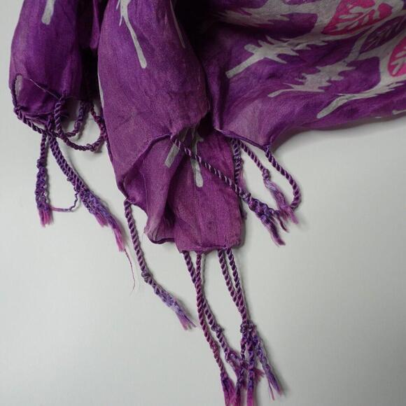 Purple Pink Silk Butterfly Floral Scarf Wrap Bohemian Boho Flowers Fringe Hippie - Picture 3 of 5